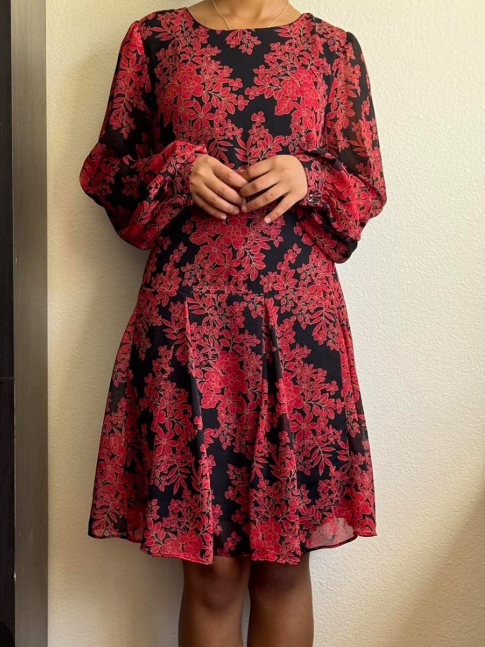 Tommy Hilfiger Chiffon Floral Long-Sleeve Drop Waist Dress